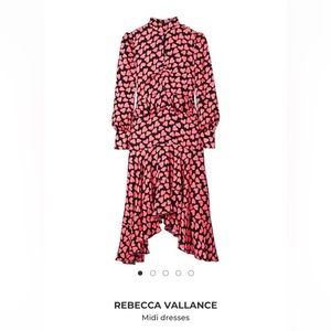 Rebecca Vallance midi dress 8, black pink hearts, gold buttons, peplum